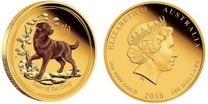 Золотая цветная монета "Год собаки 2018" 1 унция