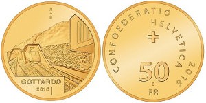Золотая монета Швейцарии «Готардский тоннель»