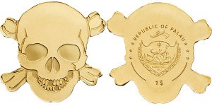 Золотая монета в виде черепа с костями 1 доллар