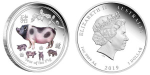 Серебряная монета Австралии "Год Свиньи 2019"